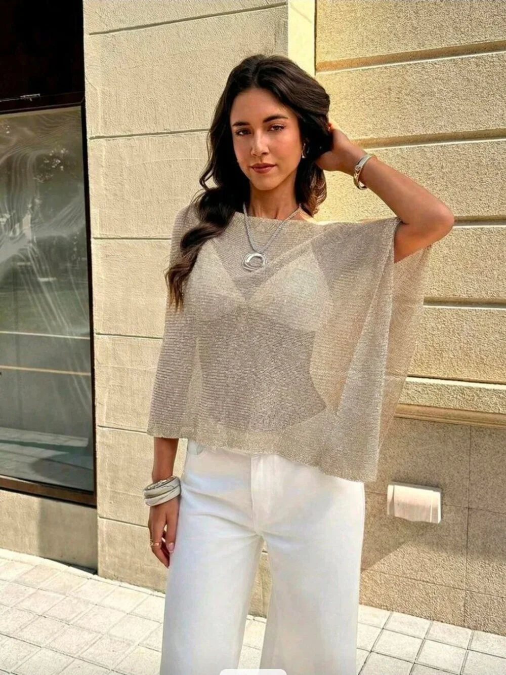 FOR BEAUTY ✦ Shiny Asymmetric Knit Top ✦ Gold Ribbed Lightweight Loose Fit M - Picture 3 of 9